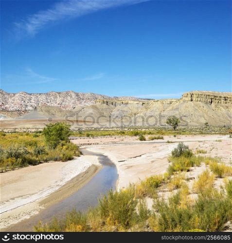 Small stream running through desert land with rocky cliffs in background in Cottonwood Canyon, Utah.