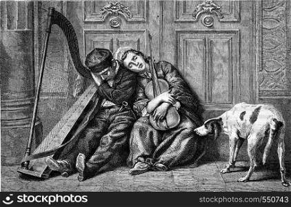 Small Street musicians, vintage engraved illustration. Magasin Pittoresque 1867.