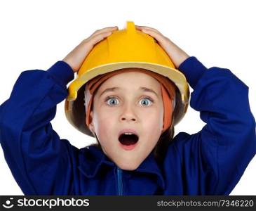 Small surprised worker with yellow helmet opening her mouth isolated on a white background