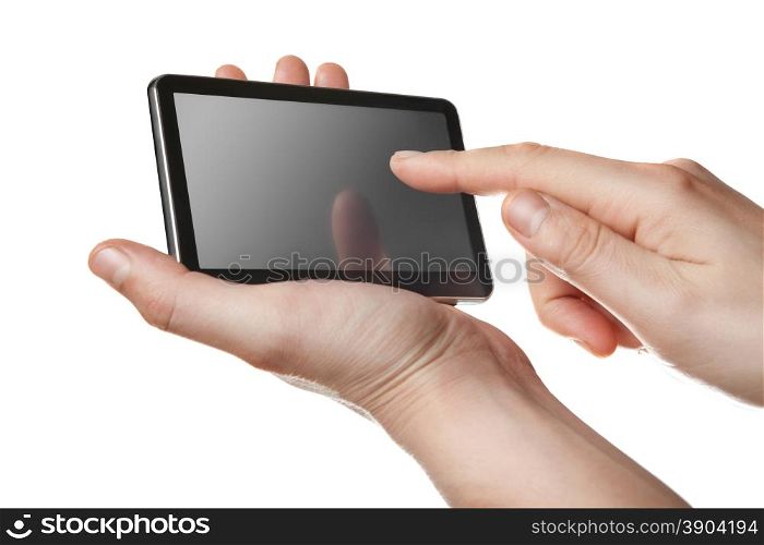 small tablet pc with touch screen in hands isolated on white