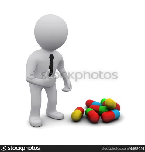 small three-dimensional man standing near a heap of colored tablets