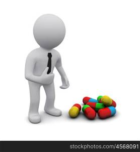 small three-dimensional man standing near a heap of colored tablets