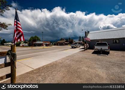 Small town and stormy clouds in Wyoming, USA