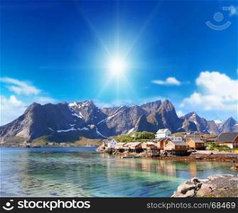 small town of hamnoy near lofoten in norway with blue sky