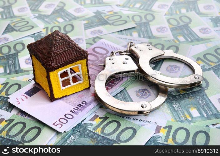 Small toy house and handcuffs is lies on a set of green monetary denominations of 100 euros. A lot of money forms an infinite heap