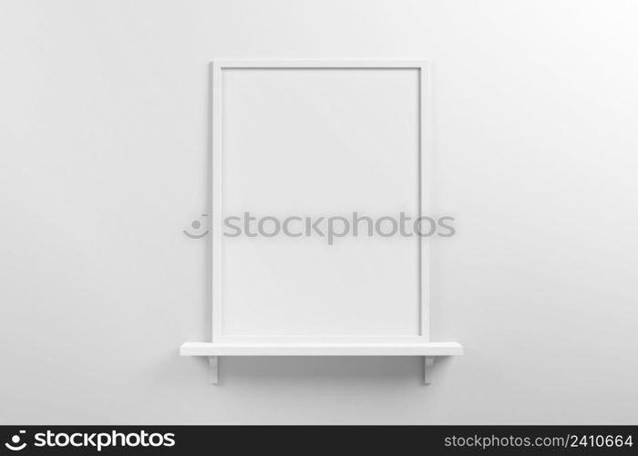 Small vertical white wooden frame mockup in scandinavian style interior on a shelf on empty neutral white wall background. 3d illustration