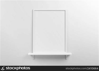 Small vertical white wooden frame mockup in scandinavian style interior on a shelf on empty neutral white wall background. 3d illustration