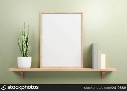 Small vertical wooden frame mockup in scandinavian style, green plant on ceramic pot and colored pastel books on a wooden shelf on green wall background. 3d render