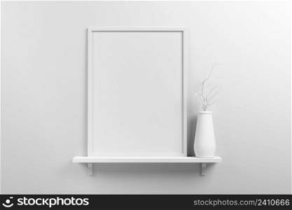 Small vertical wooden frame mockup in scandinavian style interior and dried plant on white jug on a shelf on empty neutral white wall background. 3d render