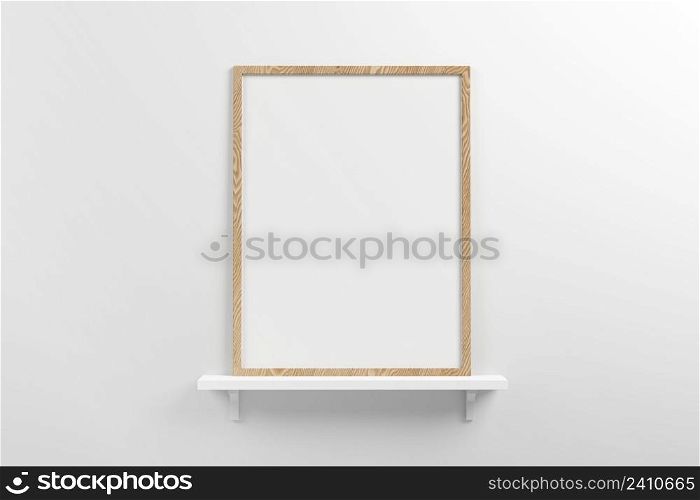 Small vertical wooden frame mockup in scandinavian style interior on a shelf on empty neutral white wall background. 3d illustration