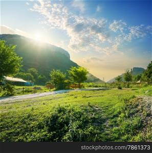 Small village in mountains in a sunny morning