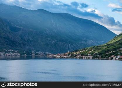 Small village of Prcanj on coastline of Gulf of Kotor in Montenegro. Town of Prcanj on the Bay of Kotor in Montenegro