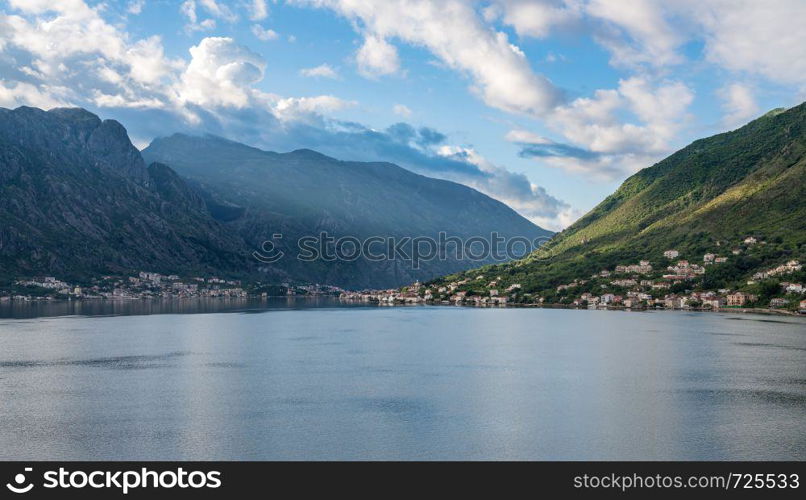 Small village of Prcanj on coastline of Gulf of Kotor in Montenegro. Town of Prcanj on the Bay of Kotor in Montenegro