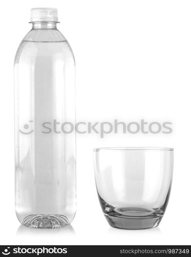 Small water bottle with glass isolated on white background