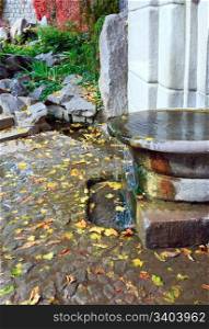 Small waterfall in bowl shape and abscissed yellow leaf in autumn park