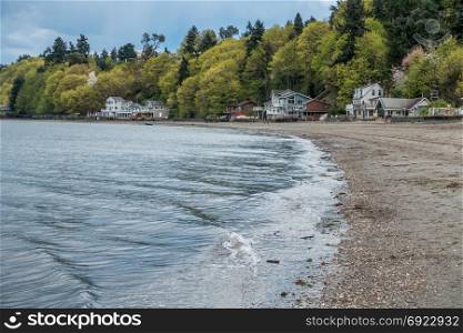 Small waves ripple toward shore at Dash Point Washington. Homes sit under lush green trees as Spring erupts in the Pacific Northwest.