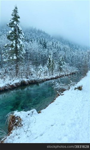 Small winter transparent stream with snowy trees on bank. Cloudy weather.