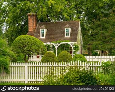 Small wooden boarded cottage and garden in Williamsburg, Virginia at dawn. Old cottage and garden in Williamsburg Virginia