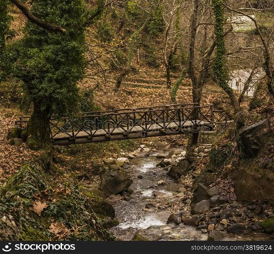 Small wooden bridge over a stream in a forest at winter season