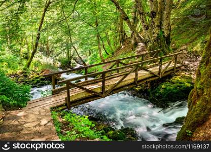 Small wooden bridge over river cascade in the forest of Montenegro. Wooden bridge in forest