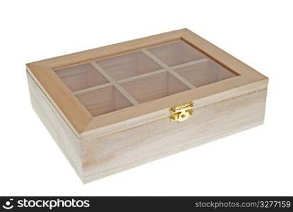 Small Wooden tea box closed isolated on white background.