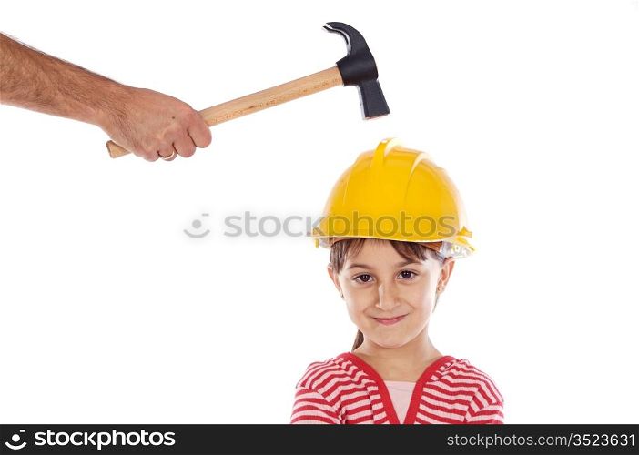 Small worker with a hammer and helmet on her head