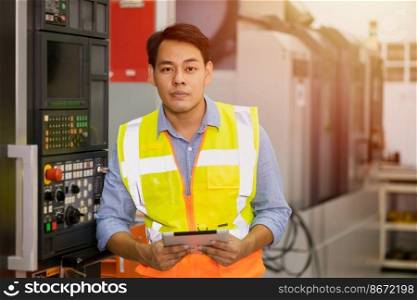Smart adult professional Asian male engineer worker standing with CNC heavy machine and tablet computer in hand.