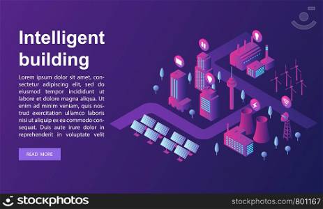 Smart building concept banner. Isometric illustration of smart building vector concept banner for web design. Smart building concept banner, isometric style