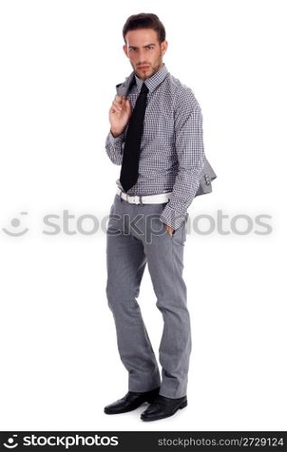 Smart business man standing with his suit over white background