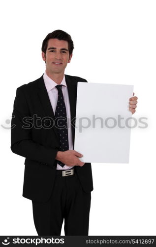 smart businessman making presentation against white background