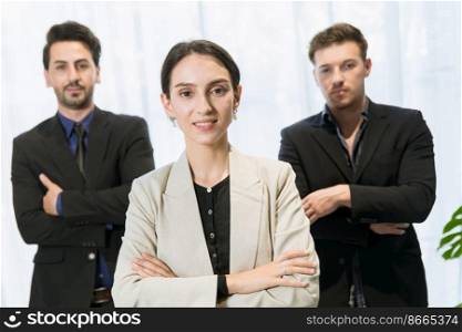 Smart businesswomen manager standing confident team group arm crossed with male teamwork in modern office happy smiling.