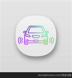 Smart car in front view app icon. NFC auto with radar sensors. Intelligent vehicle. UI/UX user interface. Web application. Self driving automobile. Driverless vehicle. Vector isolated illustration. Smart car in front view app icon