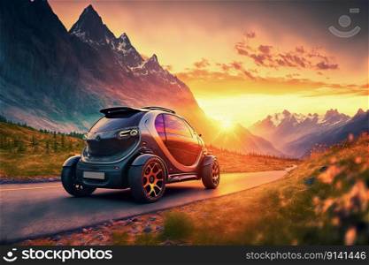 Smart car on the road in mountain , Generative Ai