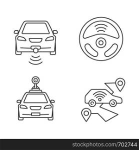 Smart cars linear icons set. NFC autos. Intelligent vehicles. Self driving automobiles. Autonomous cars. Driverless vehicles. Thin line symbols. Isolated vector outline illustrations. Editable stroke. Smart cars linear icons set