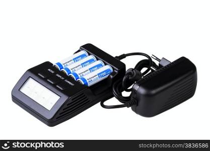 smart charger with 4 batteries isolated on white background