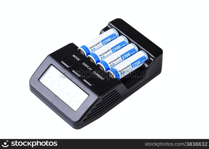 smart charger with 4 batteries isolated on white background