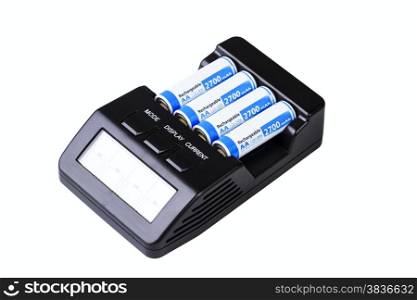 smart charger with 4 batteries isolated on white background
