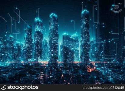 Smart city and abstract pattern connection with speed line light. Illustration Generative AI