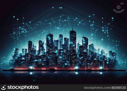 Smart city and connected dot points and lines design. Internet of Things, information communication network and big data connection technology concept. Generative AI. Smart city and connected dot points design, big data communication network. Generative AI