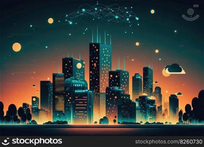 Smart city and connected dot points and lines design. Internet of Things, information communication network and big data connection technology concept. Generative AI. Smart city and connected dot points design, big data communication network. Generative AI