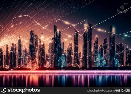 Smart city and, polygon pattern connection with speed line light, technology background. Illustration Generative AI