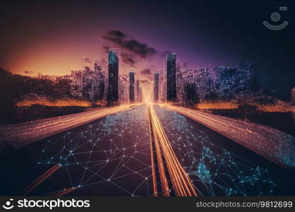 Smart city and, polygon pattern connection with speed line light, technology background. Illustration Generative AI