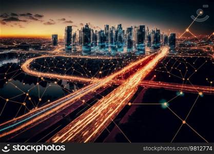 Smart city and, polygon pattern connection with speed line light, technology background. Illustration Generative AI