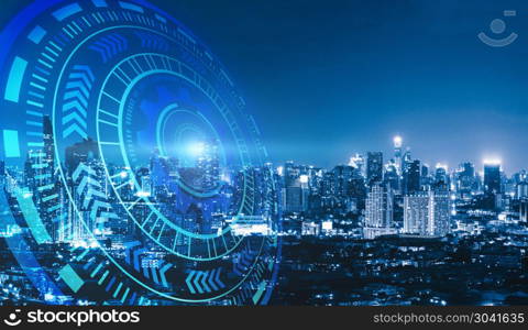 Smart city and technology circles. Graphic design in Bangkok Cit. Smart city and technology circles. Graphic design in Bangkok City at night, Thailand.. Smart city and technology circles. Graphic design in Bangkok City at night, Thailand.