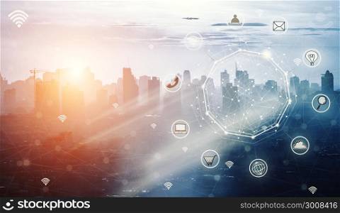 Smart city and wireless communication network, abstract image visual, E-commerce smart connection business. internet of things .