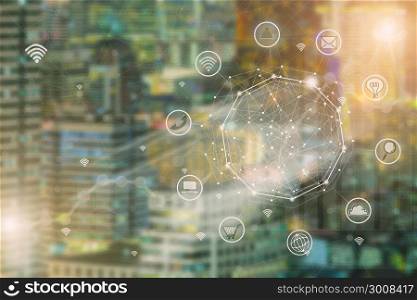 Smart city and wireless communication network, abstract image visual, E-commerce smart connection business. Internet of things .