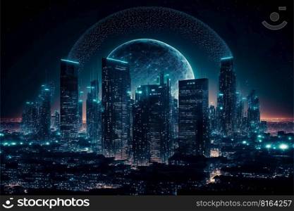 Smart city at night with a large looping full moon in the background in the bright night , Internet of things, smart life, information technology, Generative Ai