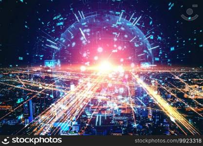 Smart city technology with futuristic graphic of digital data transfer . Concept of computer internet communication and information network technology .