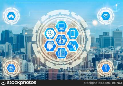 Smart city wireless communication network with graphic showing concept of internet of things ( IOT ) and information communication technology ( ICT ) against modern city buildings in the background.. Smart city and wireless communication network.