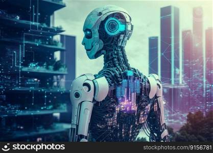 Smart City with robot system artificial intelligence , Chat GPT chatbot AI , Chatting with a smart AI or artificial intelligence chatbot developed by OpenAI , Generate AI